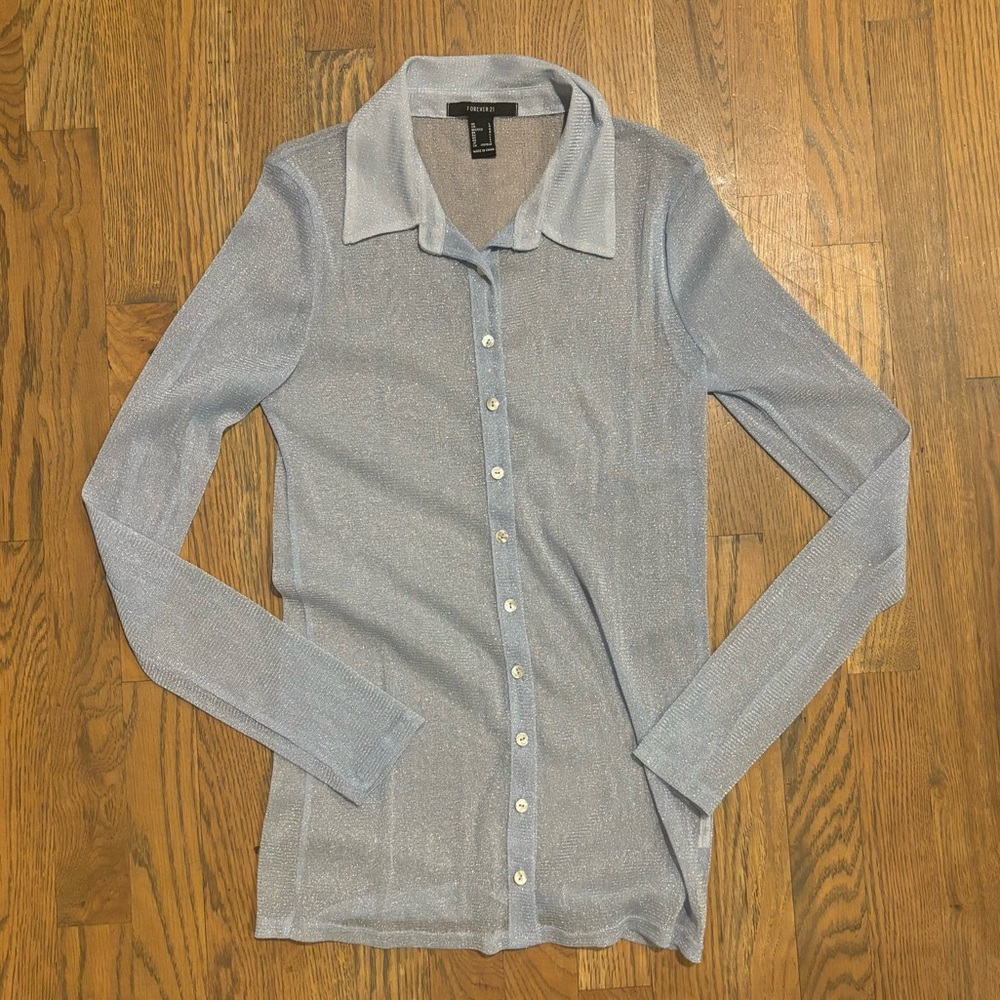 Forever 21 Blue Sparkly Sheer Button Up